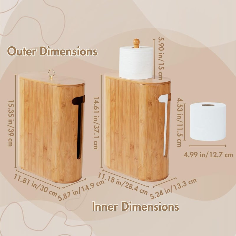 GOBAM Bamboo Toilet Paper Storage with Dual-Use Lid, Freestanding Bathroom Tissue Organizer with Viewing Slot, Built-In Handle, Anti-Slip Base, Compact Toilet Paper Holder Stand for up to 6 Mega Rolls - Image 3